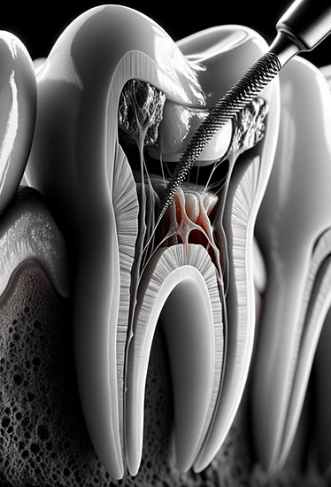 Black and white graphic of root canal treatment process at Oxnard Dental Office